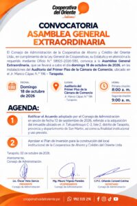 Convocatoria a Asamblea General Extraordinaria – domingo 18 de octubre de 2026, Cámara de Comercio de Tarapoto