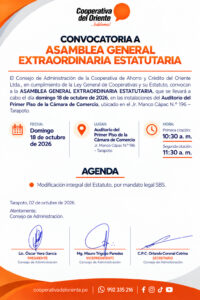 Convocatoria a Asamblea General Extraordinaria Estatutaria – domingo 18 de octubre de 2026, Cámara de Comercio de Tarapoto